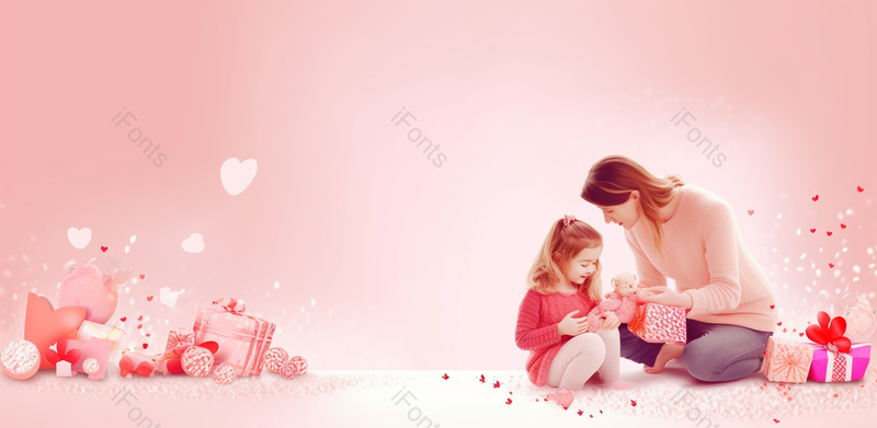 粉色爱心礼物插画温情时刻母亲节活动展板背景,插画/手绘图,插画/手绘图库,插画/手绘图下载,插画/手绘